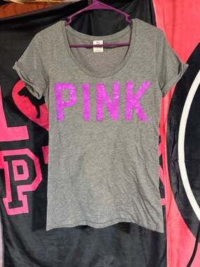 Victoria's Secret PINK Heather Gray Scoop Neck T-Shirt with Purple Sequin Logo
